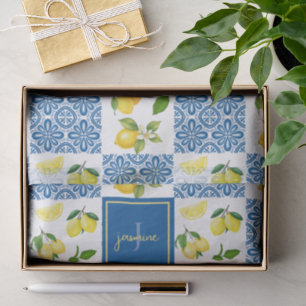 Lemon Monogram Name French Country Tile Pattern Tissue Paper