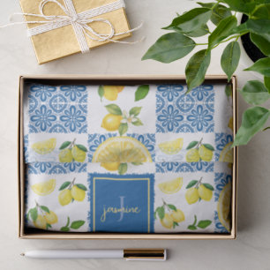 Lemon Monogram Name French Country Tile Pattern Tissue Paper