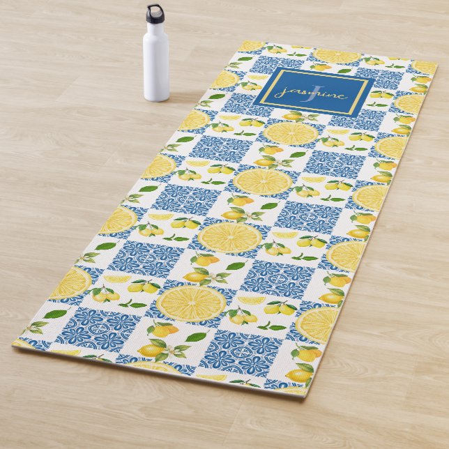 Lemon Monogram Name French Country Tile Pattern Yoga Mat (In Situ)