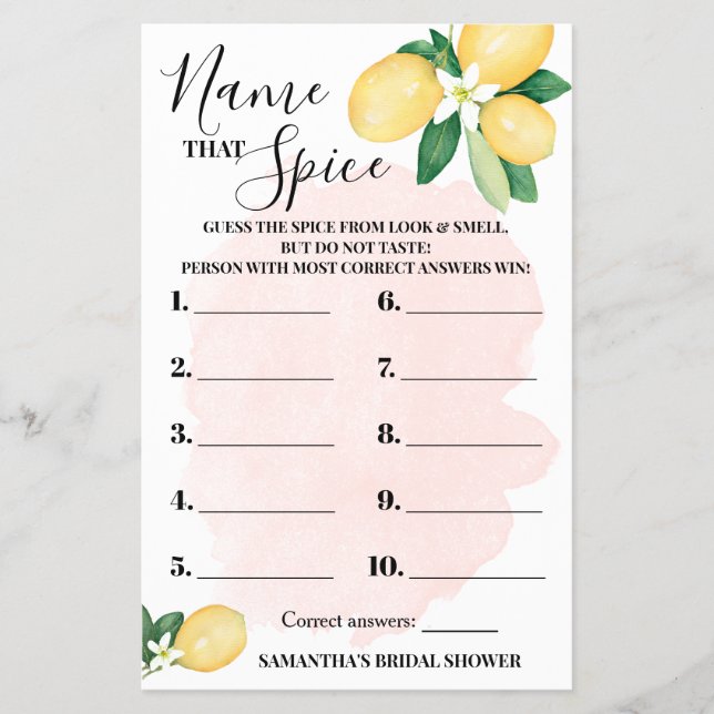 Lemon Name that Spice Pink Bridal Shower Game Card (Front)