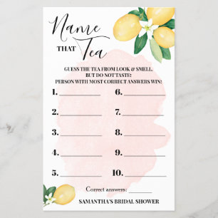 Lemon Name that Tea Pink Bridal Shower Game Card