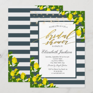 Lemon Navy Blue Striped Bridal Shower  Invitation
