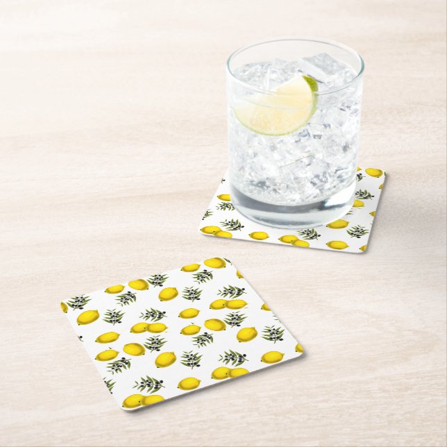 Lemon & Olive Botanical Art Pattern  Square Paper Coaster (Insitu)