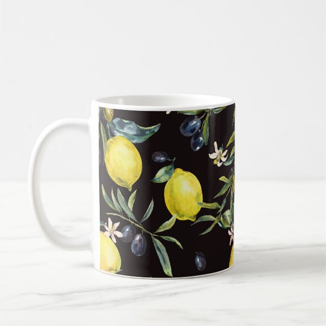 Lemon, olive branches: watercolor pattern. coffee mug (Left)