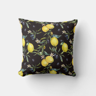 Lemon, olive branches: watercolor pattern. cushion