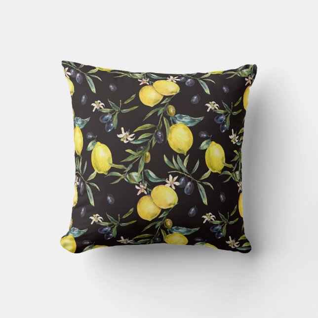 Lemon, olive branches: watercolor pattern. cushion (Front)