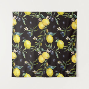 Lemon, olive branches: watercolor pattern. tapestry