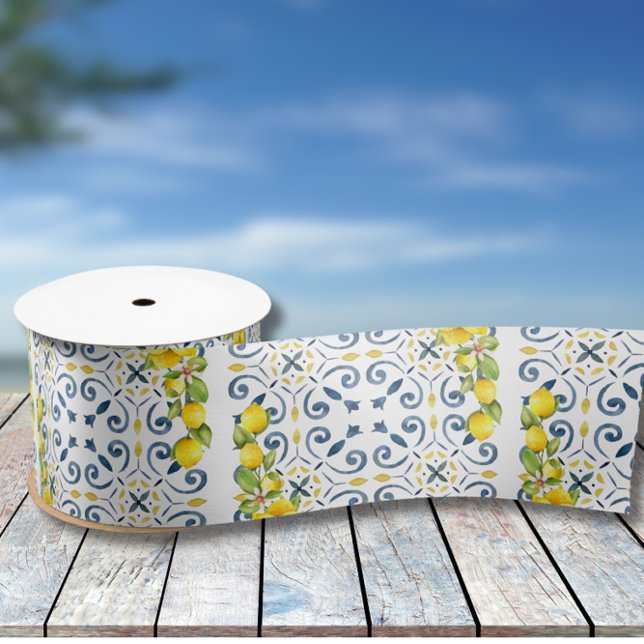 Lemon on Blue Tiles Bridal Shower  Satin Ribbon (Creator Uploaded)