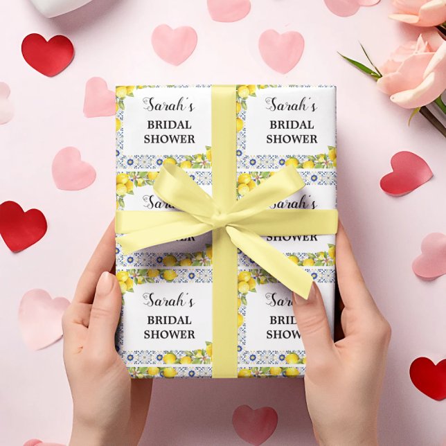 Lemon on Blue Tiles Bridal Shower Wrapping Paper (Creator Uploaded)
