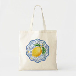 Lemon on blue tiles, wavy Italian inspired Tote Bag