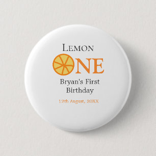 Lemon one happy 1st birthday orange grey retro boh 6 cm round badge