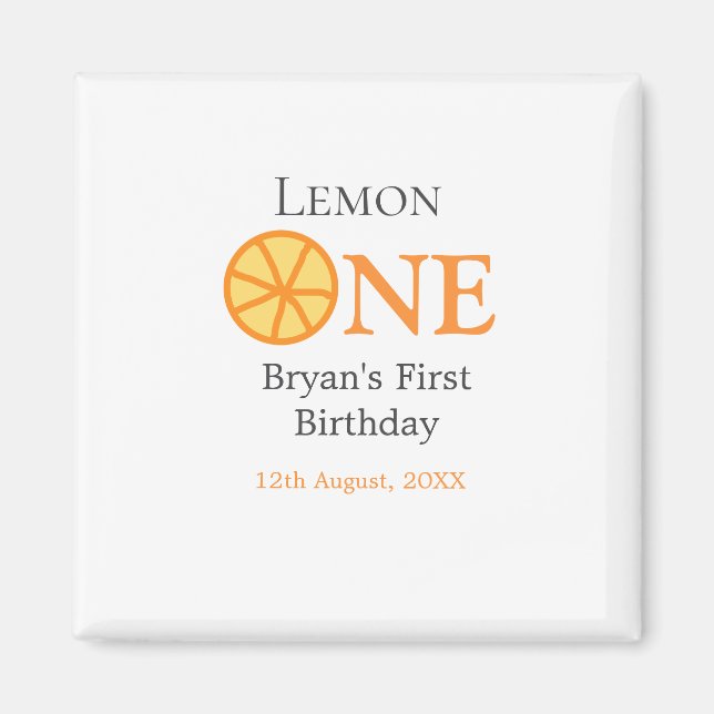 Lemon one happy 1st birthday orange grey retro boh magnet (Front)