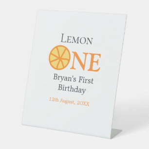 Lemon one happy 1st birthday orange grey retro boh pedestal sign