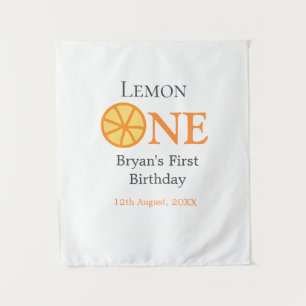 Lemon one happy 1st birthday orange grey retro boh tapestry