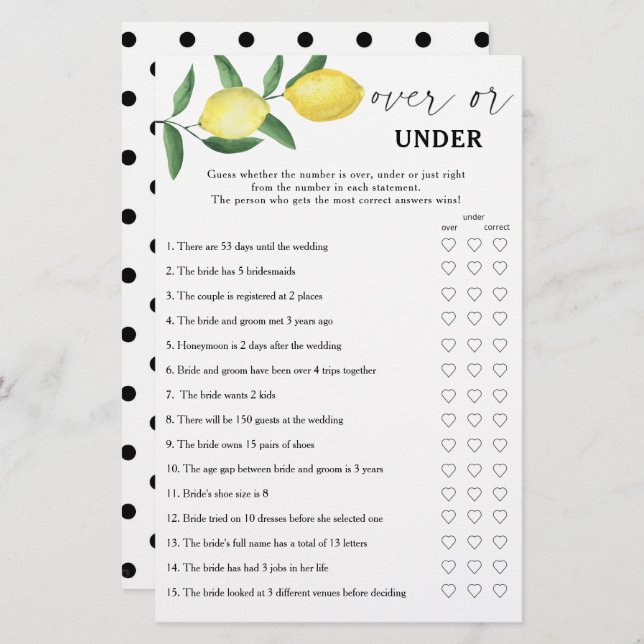Lemon - Over or under bridal shower game (Front/Back)