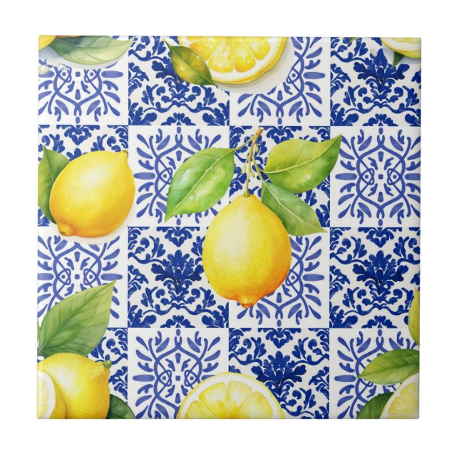 Lemon Pattern Blue White Mediterranean Citrus Tile (Front)