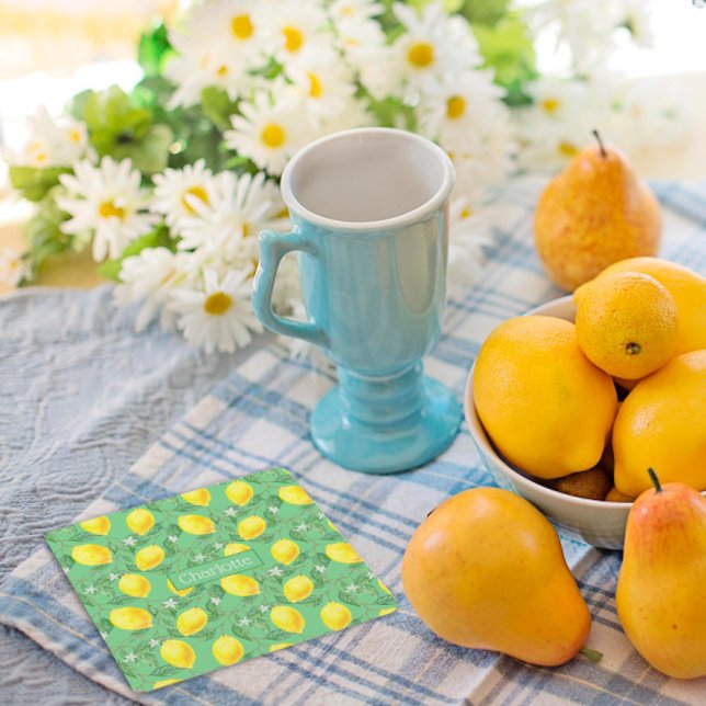 Lemon pattern custom name yellow green square paper coaster (Creator Uploaded)