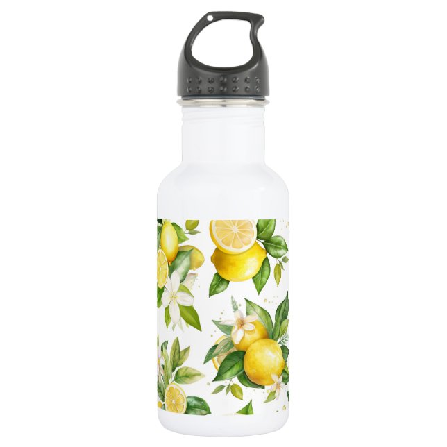 Lemon Pattern, Lemon Flowers, Leaves, Citrus 532 Ml Water Bottle (Front)