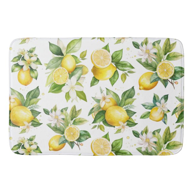 Lemon Pattern, Lemon Flowers, Leaves, Citrus Bath Mat (Front)