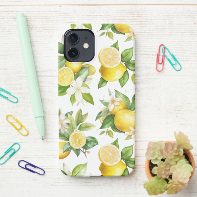 Lemon Pattern, Lemon Flowers, Leaves, Citrus iPhone Case (On Desk)