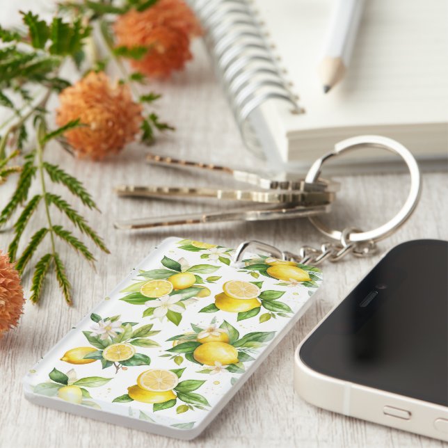 Lemon Pattern, Lemon Flowers, Leaves, Citrus Key Ring (Front Right)