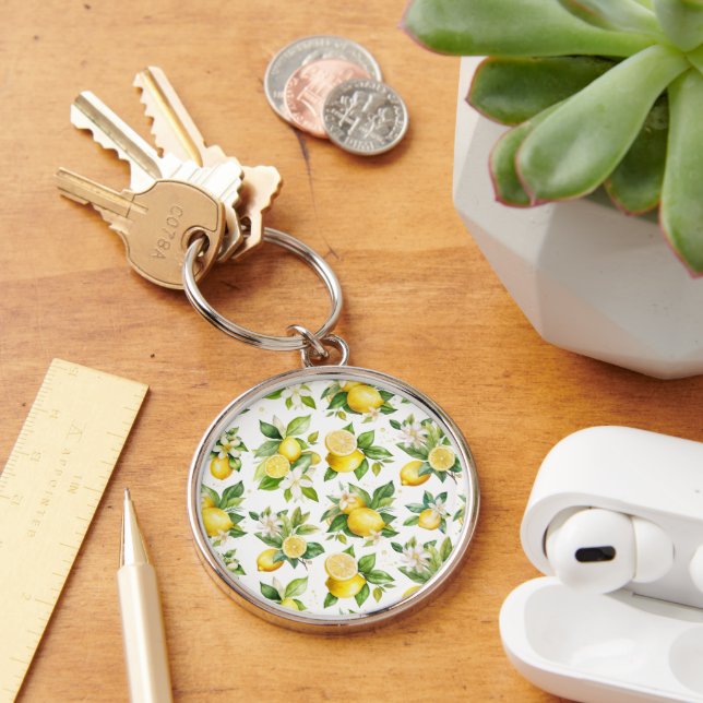 Lemon Pattern, Lemon Flowers, Leaves, Citrus Key Ring (Desk)