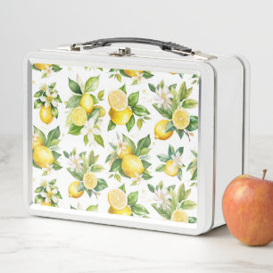 Lemon Pattern, Lemon Flowers, Leaves, Citrus Metal Lunch Box