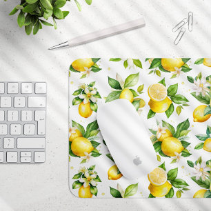 Lemon Pattern, Lemon Flowers, Leaves, Citrus Mouse Mat