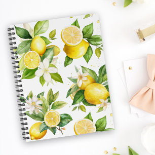Lemon Pattern, Lemon Flowers, Leaves, Citrus Notebook