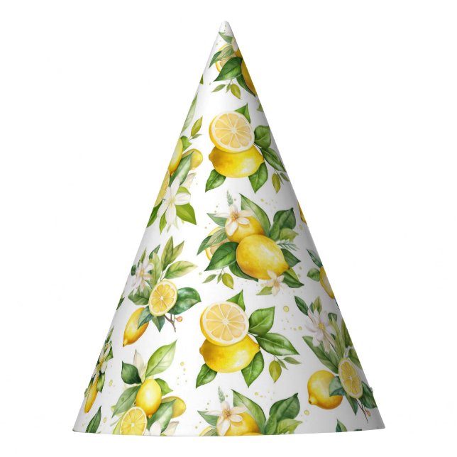 Lemon Pattern, Lemon Flowers, Leaves, Citrus Party Hat (Front)
