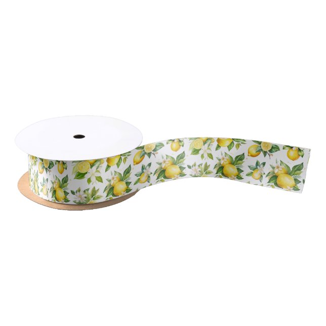 Lemon Pattern, Lemon Flowers, Leaves, Citrus Satin Ribbon (Spool)