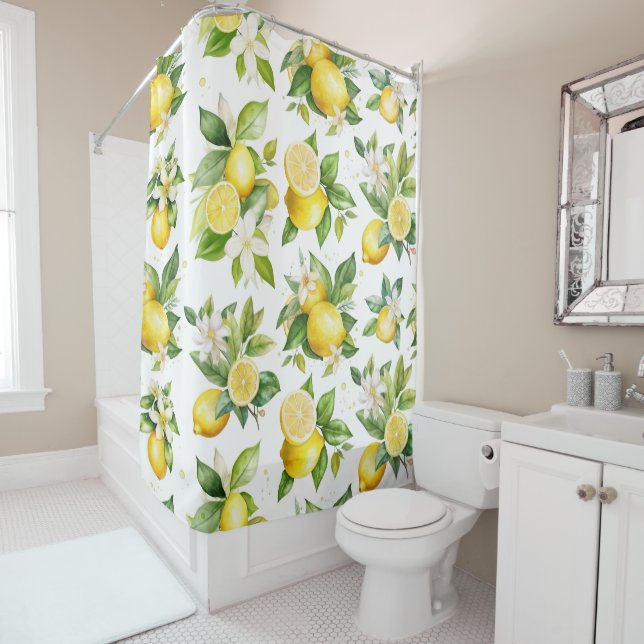 Lemon Pattern, Lemon Flowers, Leaves, Citrus Shower Curtain (In Situ)