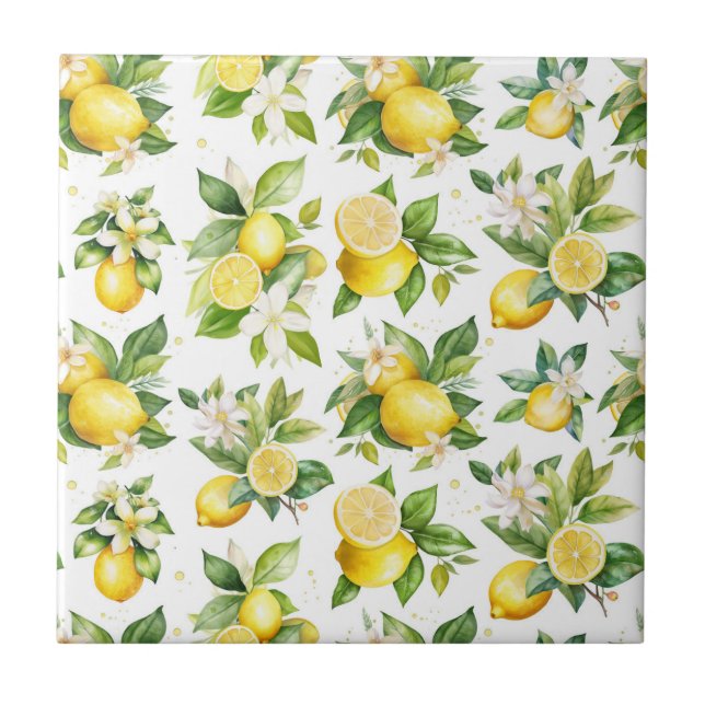 Lemon Pattern, Lemon Flowers, Leaves, Citrus Tile (Front)
