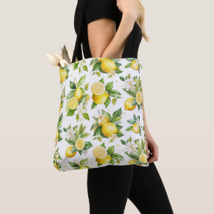 Lemon Pattern, Lemon Flowers, Leaves, Citrus Tote Bag