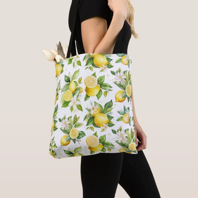 Lemon Pattern, Lemon Flowers, Leaves, Citrus Tote Bag (Close Up)