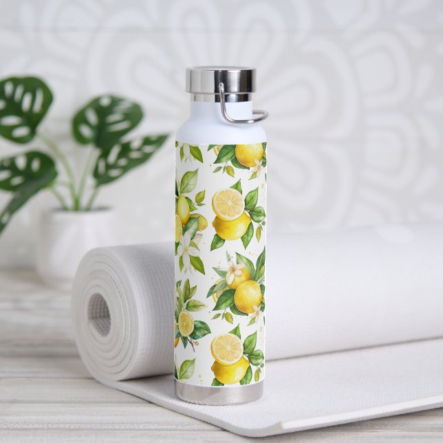 Lemon Pattern, Lemon Flowers, Leaves, Citrus Water Bottle (Yoga)