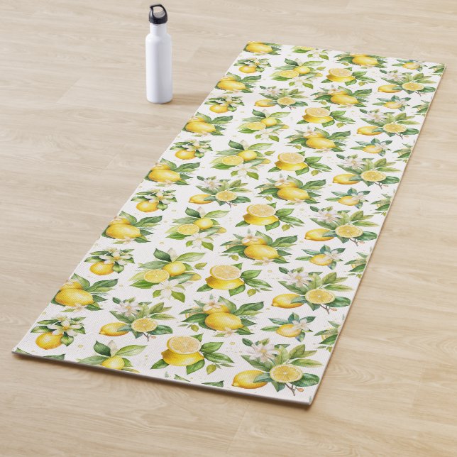 Lemon Pattern, Lemon Flowers, Leaves, Citrus Yoga Mat (In Situ)