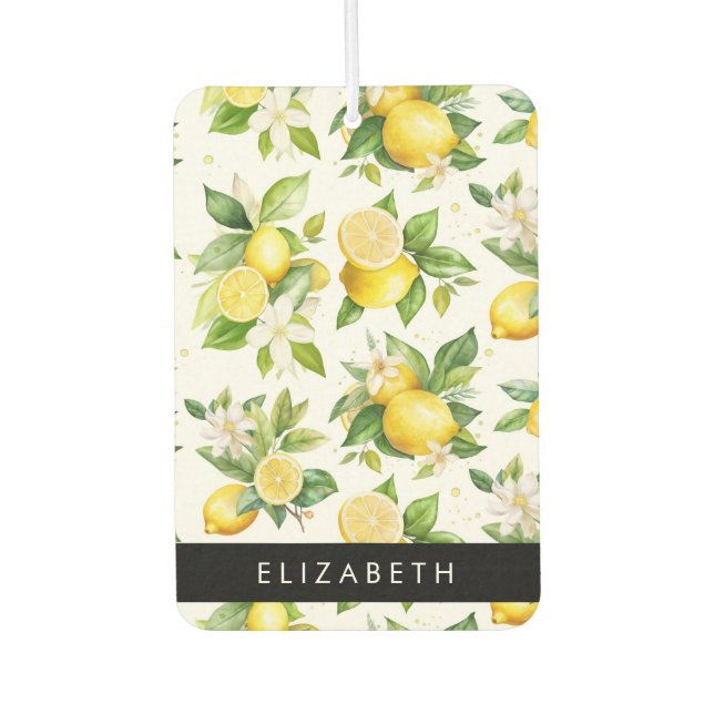 Lemon Pattern, Lemon Flowers, Leaves, Your Name Car Air Freshener (Front)