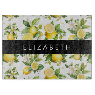 Lemon Pattern, Lemon Flowers, Leaves, Your Name Cutting Board