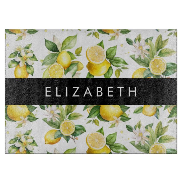 Lemon Pattern, Lemon Flowers, Leaves, Your Name Cutting Board (Front)