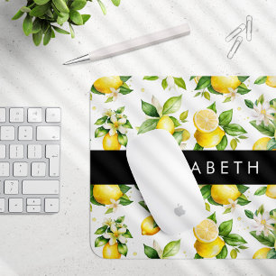 Lemon Pattern, Lemon Flowers, Leaves, Your Name Mouse Mat