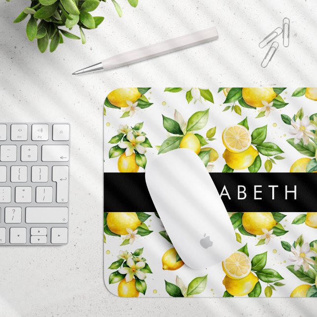Lemon Pattern, Lemon Flowers, Leaves, Your Name Mouse Mat (Creator Uploaded)