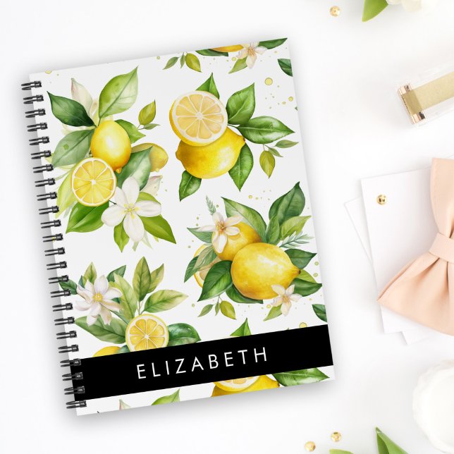 Lemon Pattern, Lemon Flowers, Leaves, Your Name Notebook (Creator Uploaded)