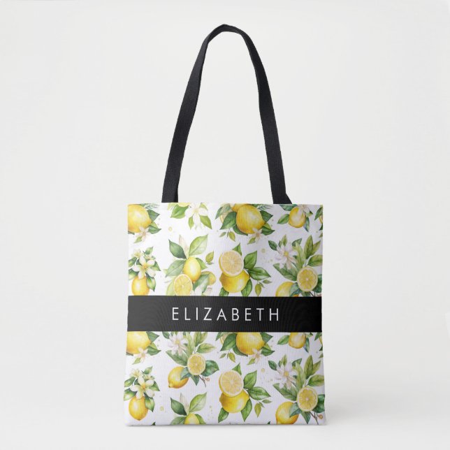 Lemon Pattern, Lemon Flowers, Leaves, Your Name Tote Bag (Front)