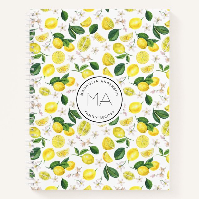 Lemon Pattern Monogram Name Recipe Notebook (Front)