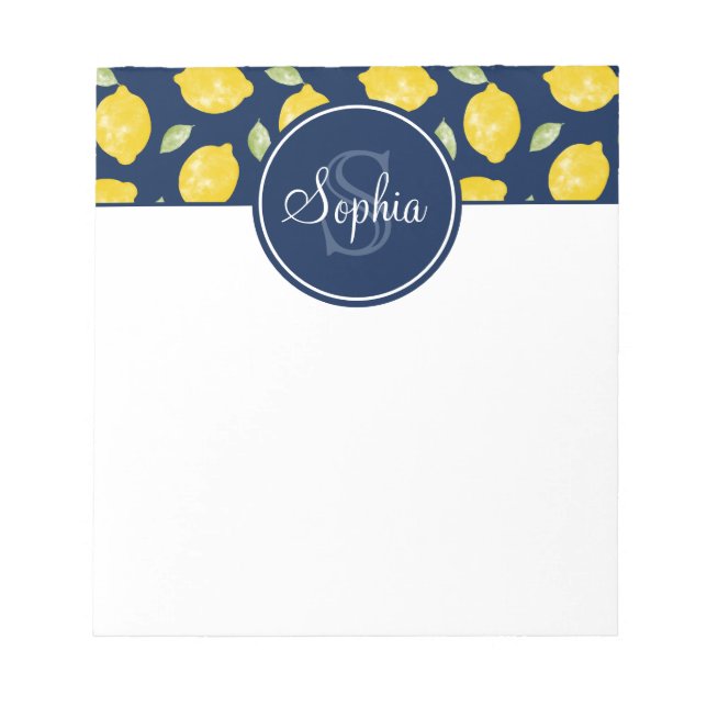 Lemon Pattern Navy Blue Yellow Monogram Notepad (Front)