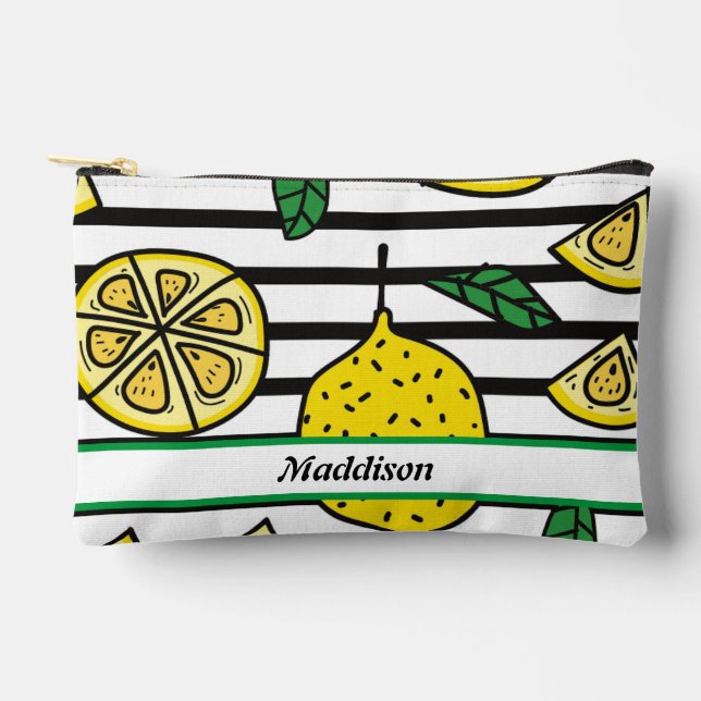 Lemon Pattern on Black and White Striped  Accessory Pouch (Front)