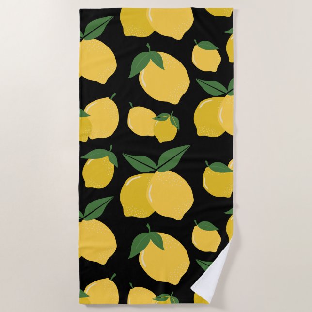 Lemon Pattern Retro Fruit Yellow On Black Beach Towel (Front)