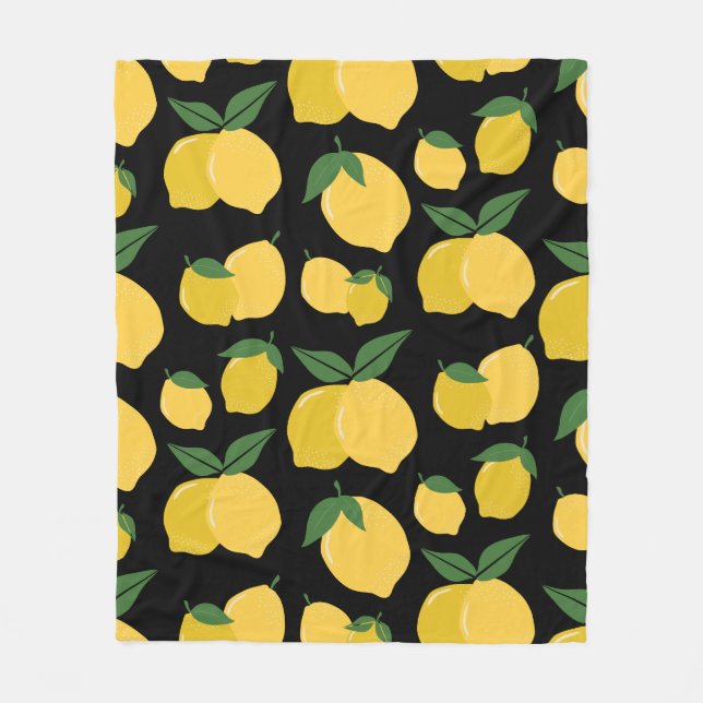Lemon Pattern Retro Fruit Yellow On Black Fleece Blanket (Front)