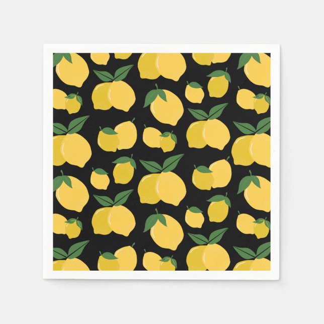 Lemon Pattern Retro Fruit Yellow On Black Napkin (Front)